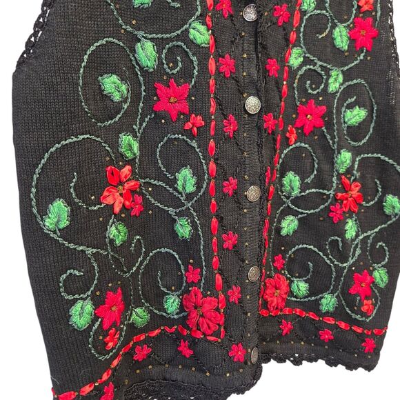 Vintage COVE CREEK‎ Vest Christmas Poinsetta Floral Black Red Size MEDIUM - Picture 2 of 4